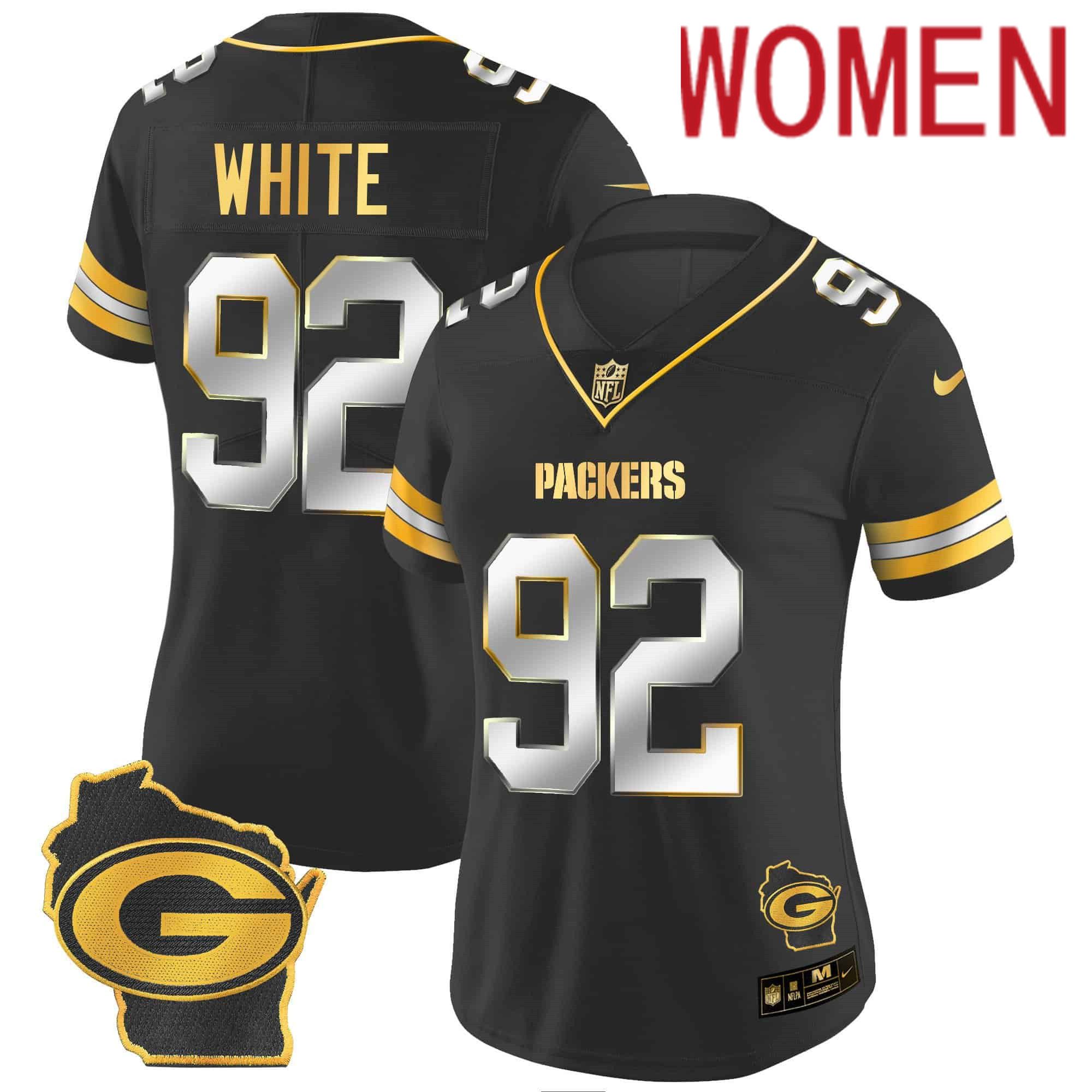 Women Green Bay Packers 92 White Black Gold 2024 Nike Home Patch Vapor NFL Jersey style 1